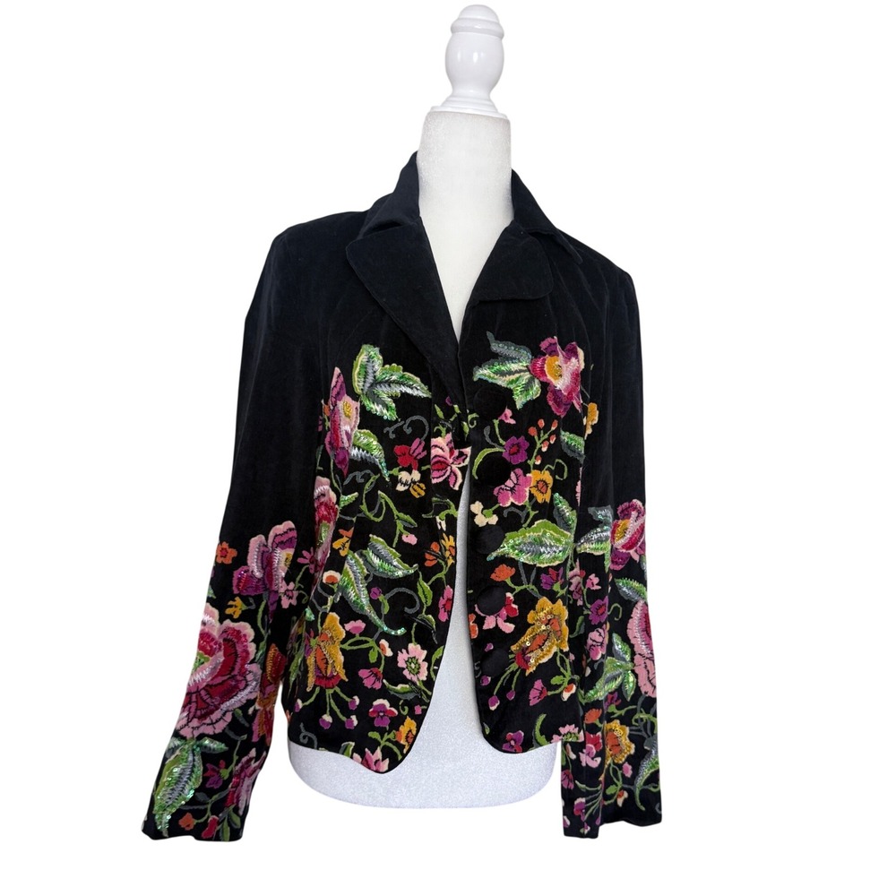 Boston Proper Black Cotton Velvet Floral Embroidered Sequin Blazer S